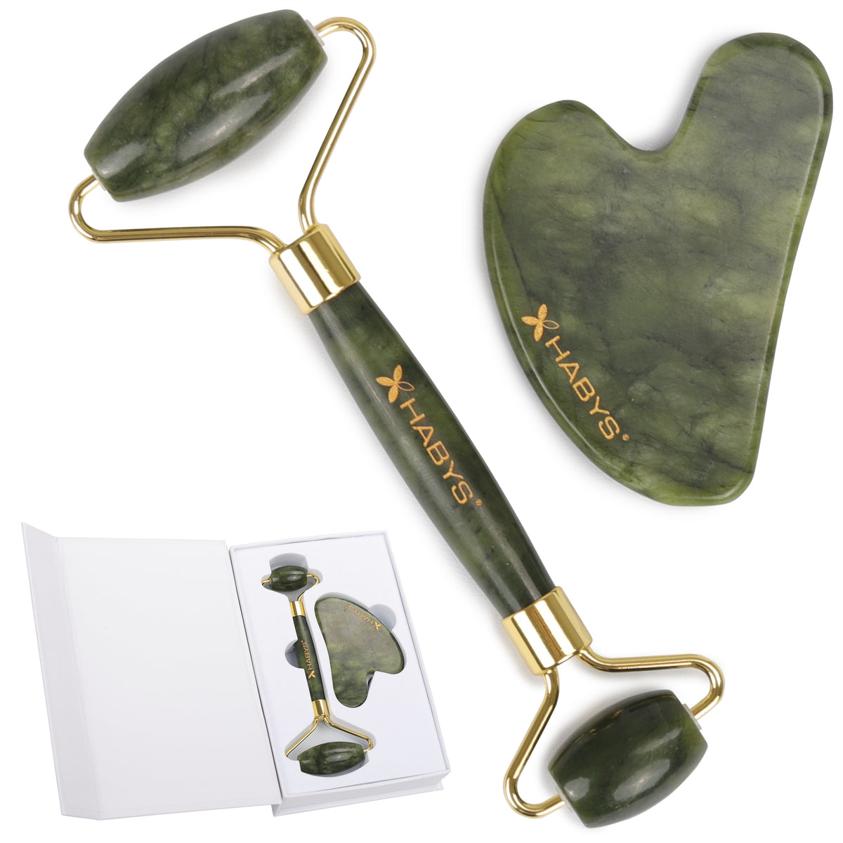 Massage-Set Gua Sha aus Jade | Stein Roller
