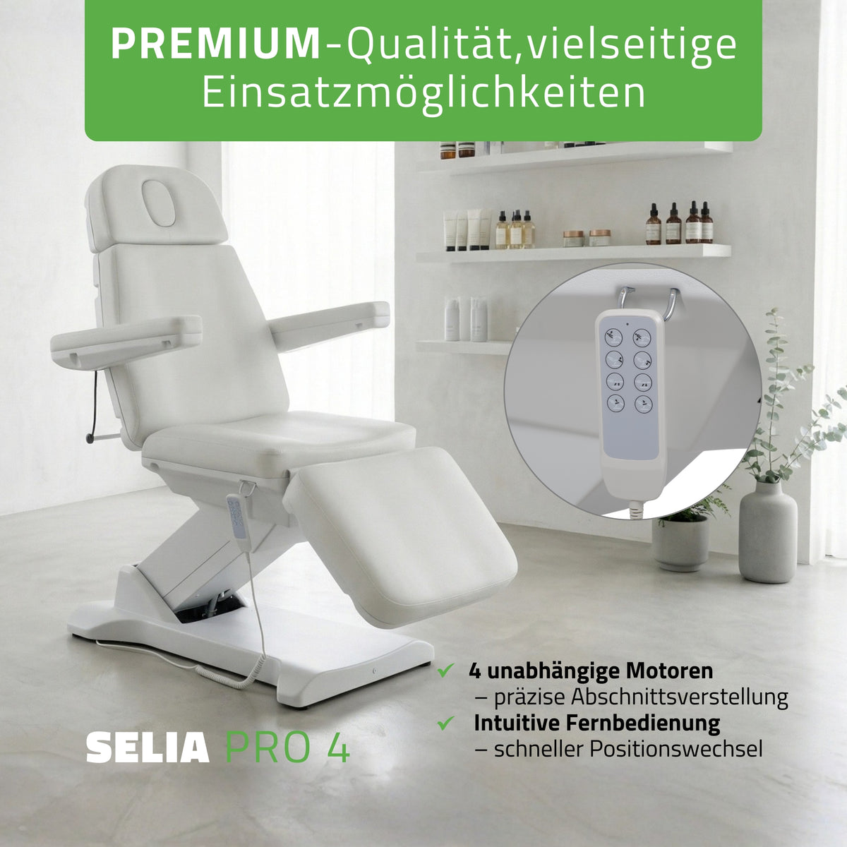 Kosmetikliege Elektrisch | Selia PRO 4 | Kosmetiksessel mit elektrischer Verstellung | Handfernbedienung