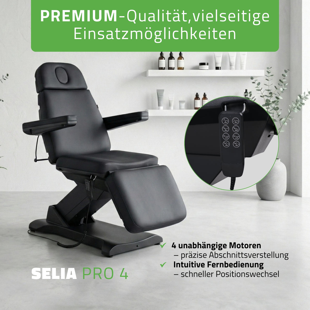 Kosmetikliege Elektrisch | Selia PRO 4 | Kosmetiksessel mit elektrischer Verstellung | Handfernbedienung