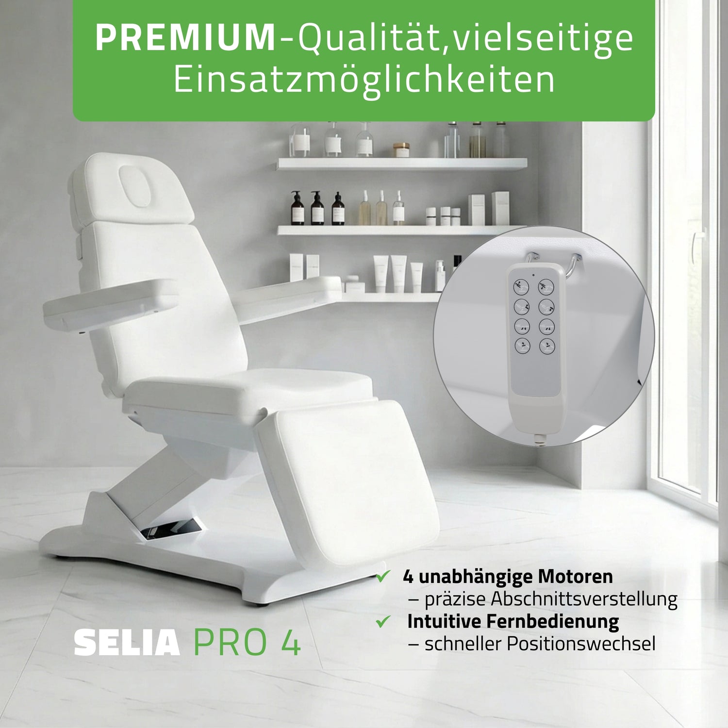 Kosmetikliege Elektrisch | Selia PRO 4 | Kosmetiksessel mit elektrischer Verstellung | Handfernbedienung