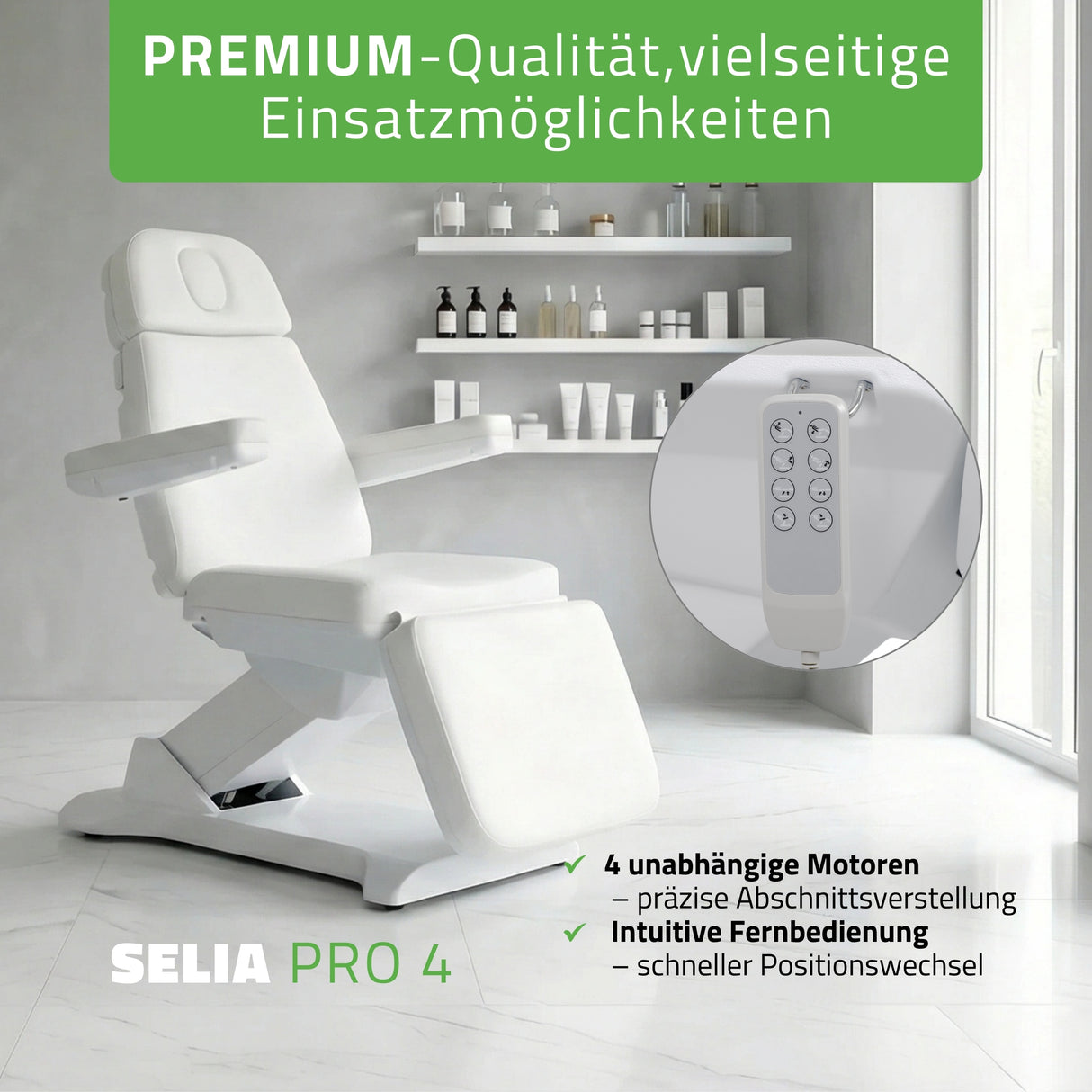 Kosmetikliege Elektrisch | Selia PRO 4 | Kosmetiksessel mit elektrischer Verstellung | Handfernbedienung