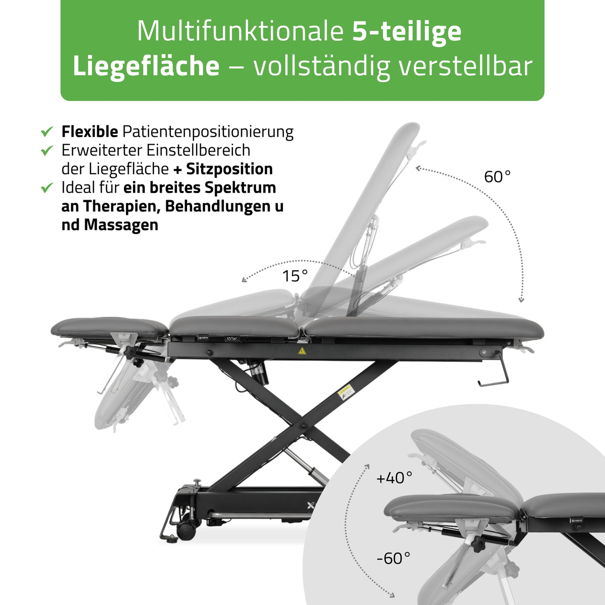 Therapieliege Elektrisch Evero Cross X5 Ergo | 5-Segmente | Steuerrahmen | Grau-Schwarz