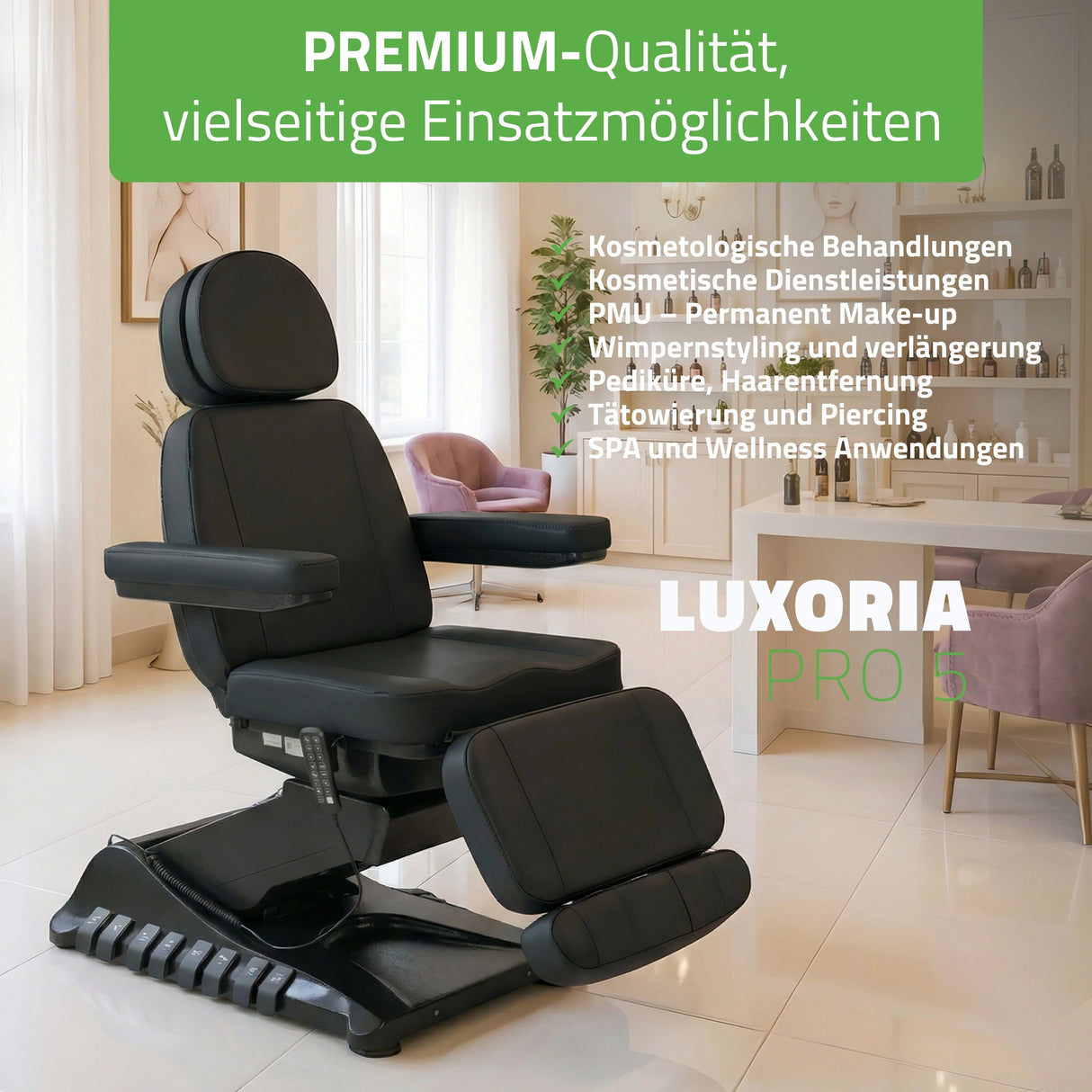 Kosmetikliege Elektrisch | Luxoria PRO 5 | Kosmetiksessel mit elektrischer Verstellung | Schwarz