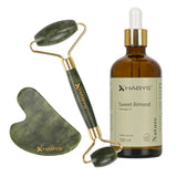 Gesichts-Massage-Set HABYS | Gua-Sha-Stein + |  Roller aus Jadeit + | natürliches Mandelöl 100 ml